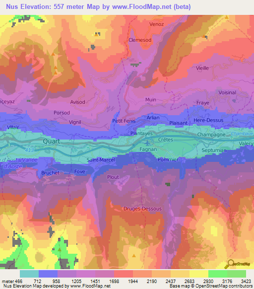 Nus,Italy Elevation Map