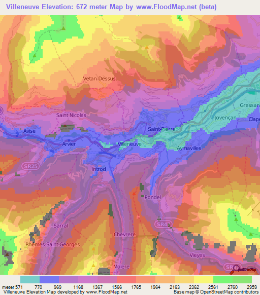 Villeneuve,Italy Elevation Map