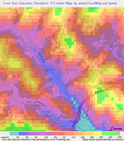 Tovo San Giacomo,Italy Elevation Map