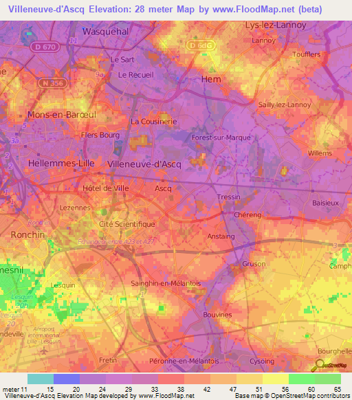 Villeneuve-d'Ascq,France Elevation Map