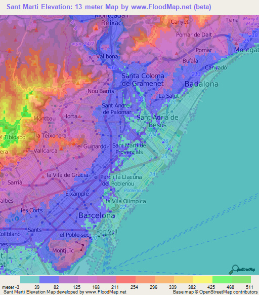 Sant Marti,Spain Elevation Map