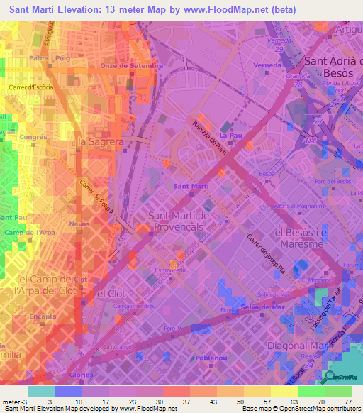 Sant Marti,Spain Elevation Map