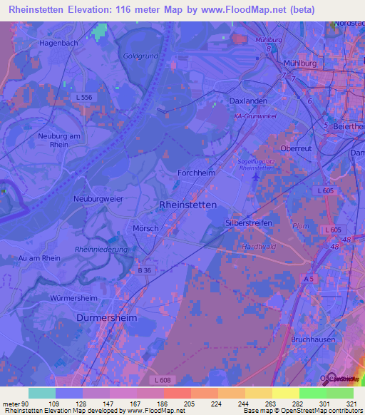 Rheinstetten,Germany Elevation Map