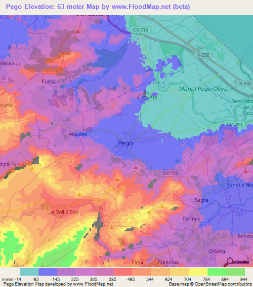 Pego,Spain Elevation Map