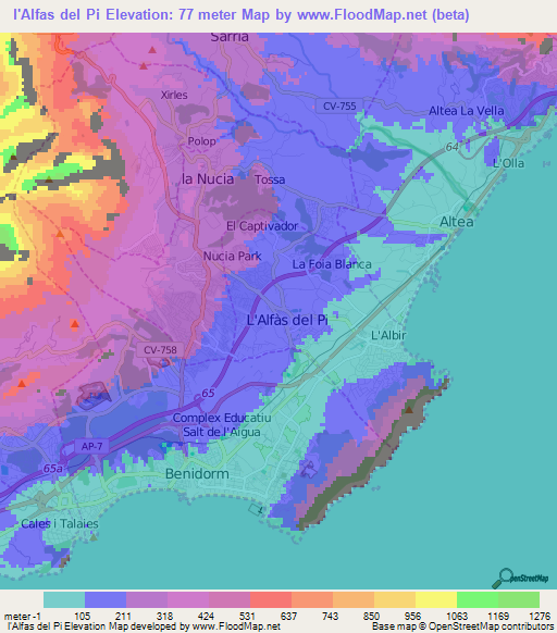 l'Alfas del Pi,Spain Elevation Map