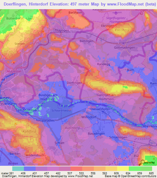 Doerflingen, Hinterdorf,Switzerland Elevation Map