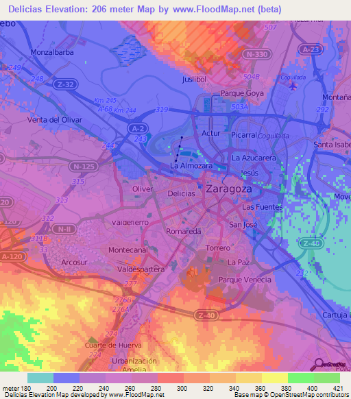 Delicias,Spain Elevation Map