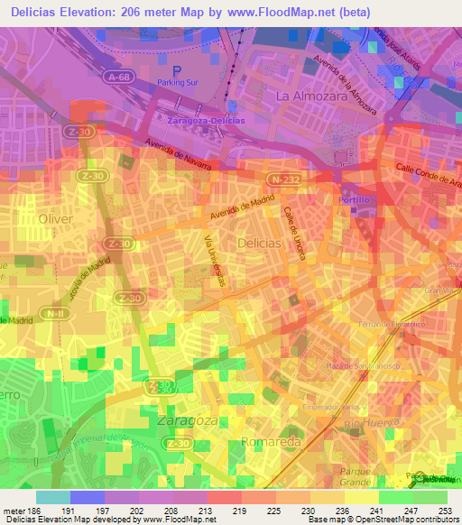 Delicias,Spain Elevation Map