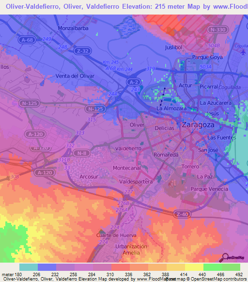 Oliver-Valdefierro, Oliver, Valdefierro,Spain Elevation Map