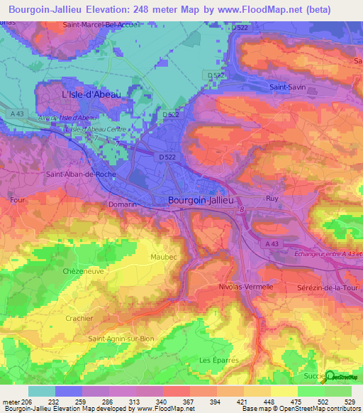 Bourgoin-Jallieu,France Elevation Map