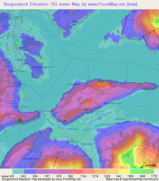 Burgenstock,Switzerland Elevation Map