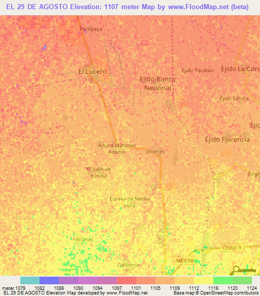 EL 29 DE AGOSTO,Mexico Elevation Map