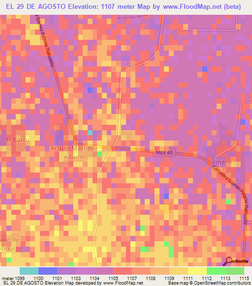 EL 29 DE AGOSTO,Mexico Elevation Map