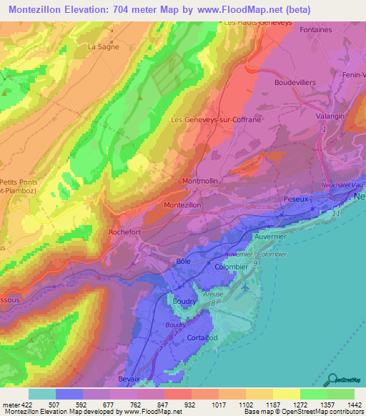 Montezillon,Switzerland Elevation Map