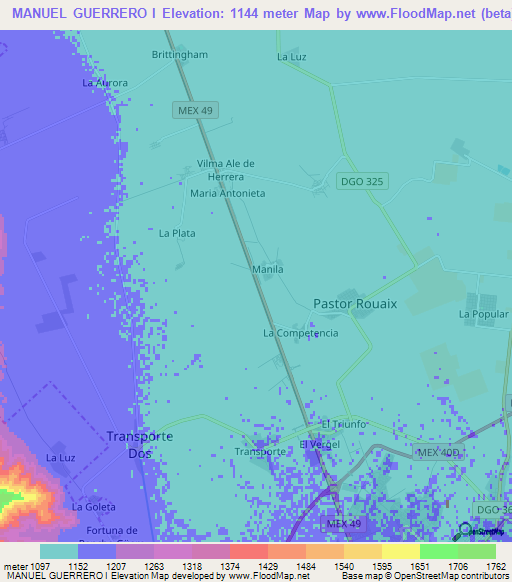 MANUEL GUERRERO I,Mexico Elevation Map