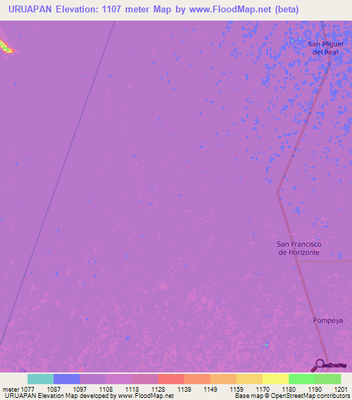 URUAPAN,Mexico Elevation Map