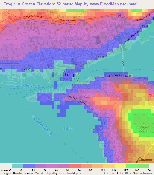 Trogir in Croatia,Croatia Elevation Map