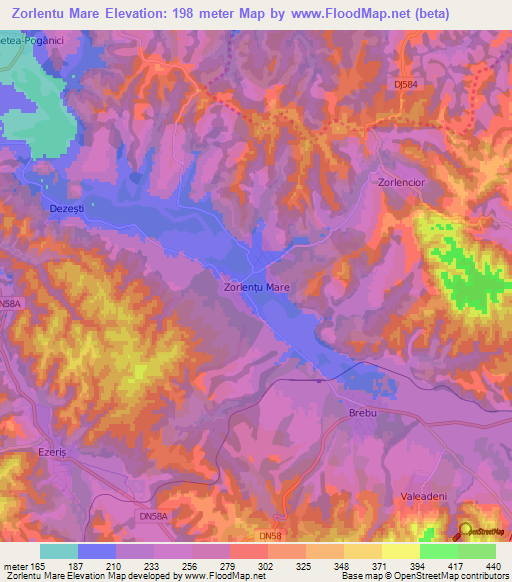 Zorlentu Mare,Romania Elevation Map