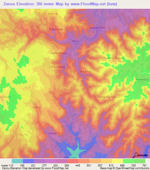 Zanou,Romania Elevation Map