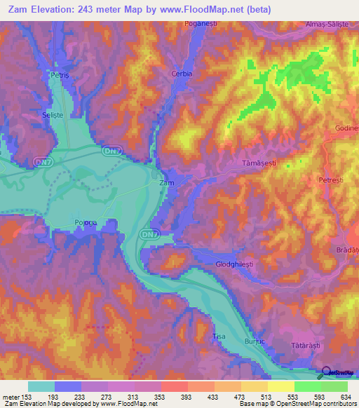 Zam,Romania Elevation Map