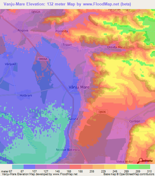 Vanju-Mare,Romania Elevation Map