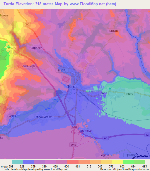 Turda,Romania Elevation Map