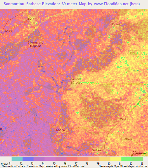 Sanmartinu Sarbesc,Romania Elevation Map