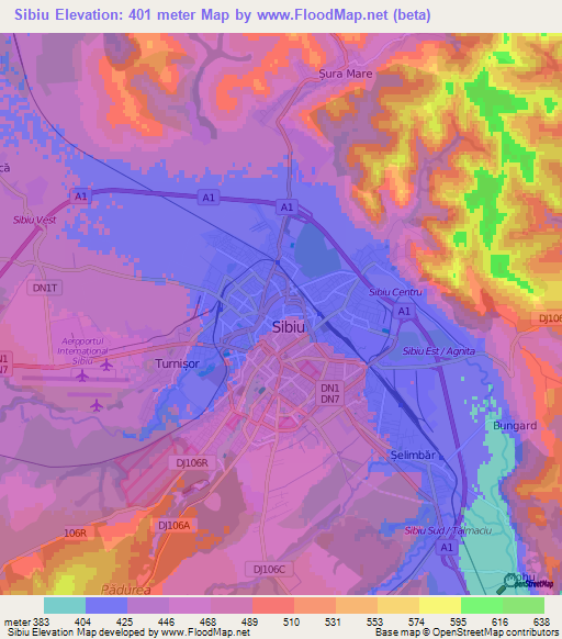 Sibiu,Romania Elevation Map