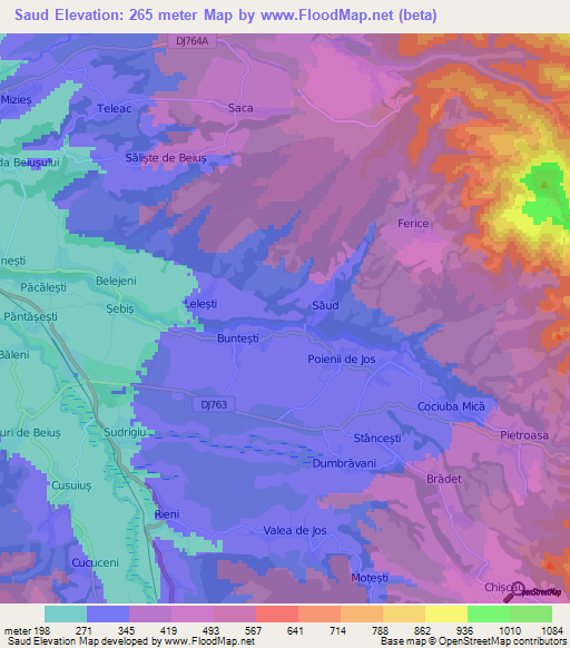 Saud,Romania Elevation Map