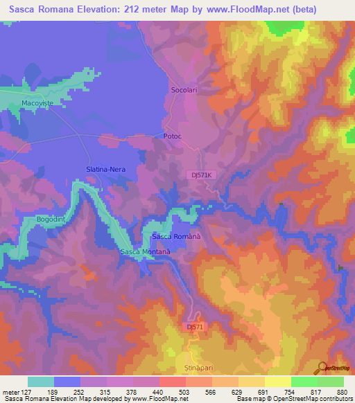 Sasca Romana,Romania Elevation Map