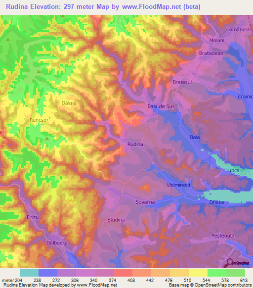 Rudina,Romania Elevation Map