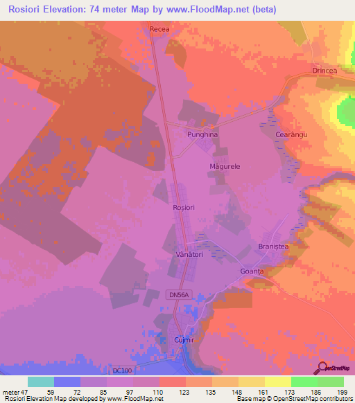 Rosiori,Romania Elevation Map