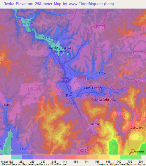 Resita,Romania Elevation Map