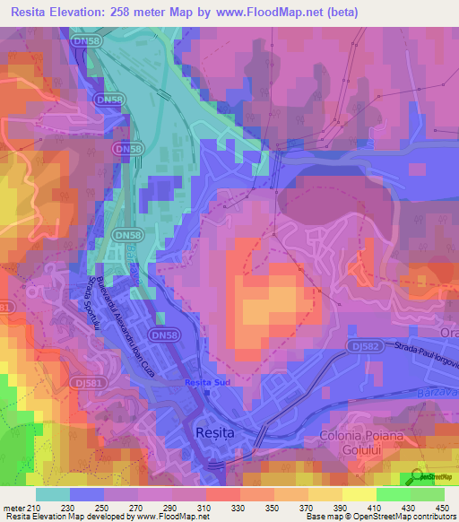 Resita,Romania Elevation Map