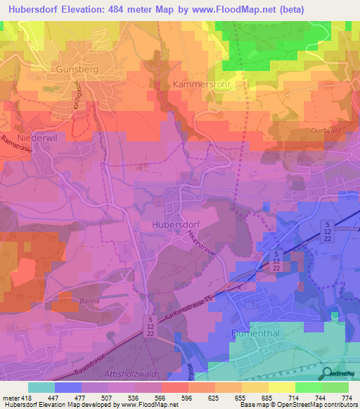 Hubersdorf,Switzerland Elevation Map