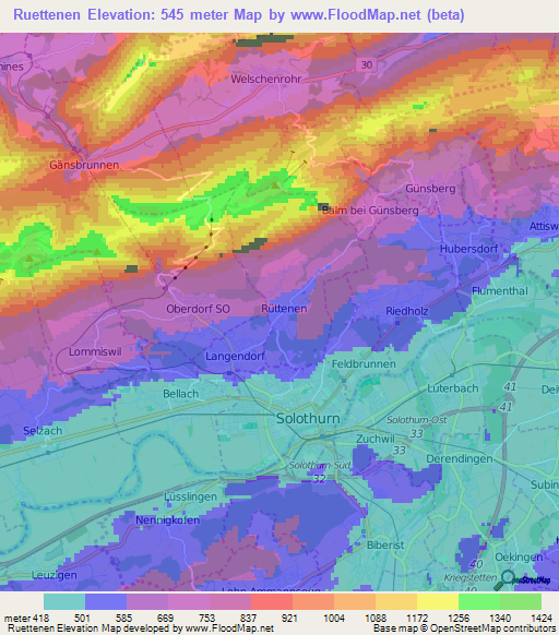 Ruettenen,Switzerland Elevation Map