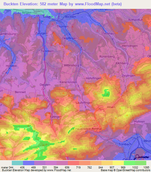 Buckten,Switzerland Elevation Map