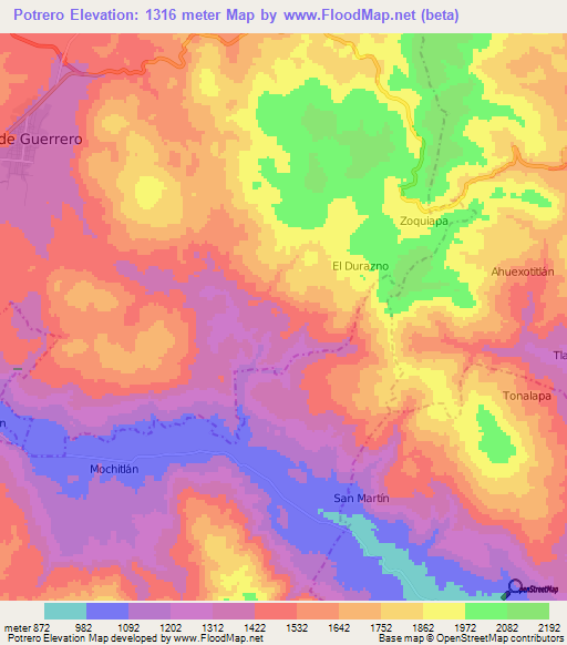 Potrero,Mexico Elevation Map