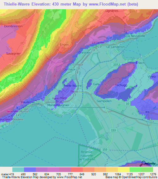 Thielle-Wavre,Switzerland Elevation Map