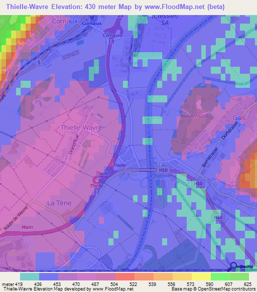 Thielle-Wavre,Switzerland Elevation Map