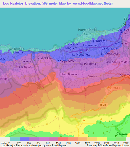 Los Realejos,Spain Elevation Map