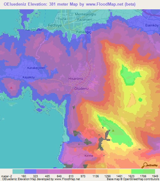 OEluedeniz,Turkey Elevation Map