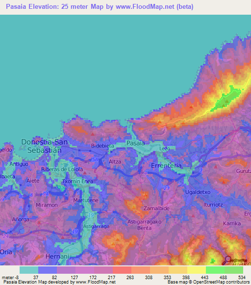 Pasaia,Spain Elevation Map