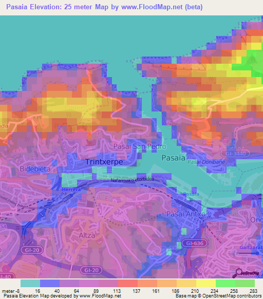 Pasaia,Spain Elevation Map