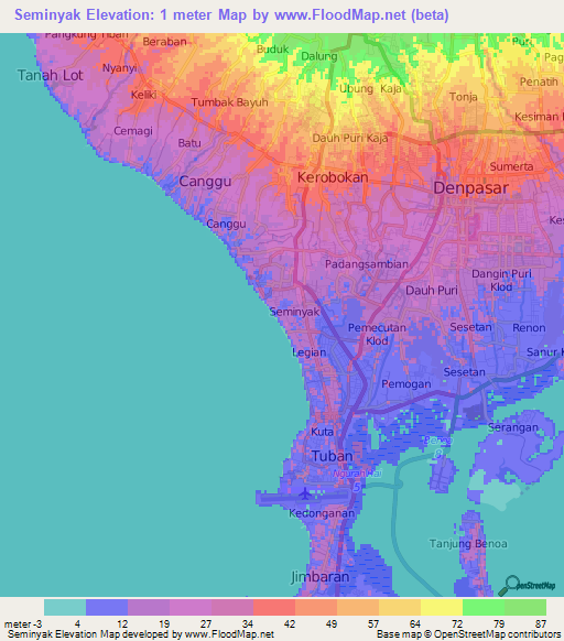 Seminyak,Indonesia Elevation Map