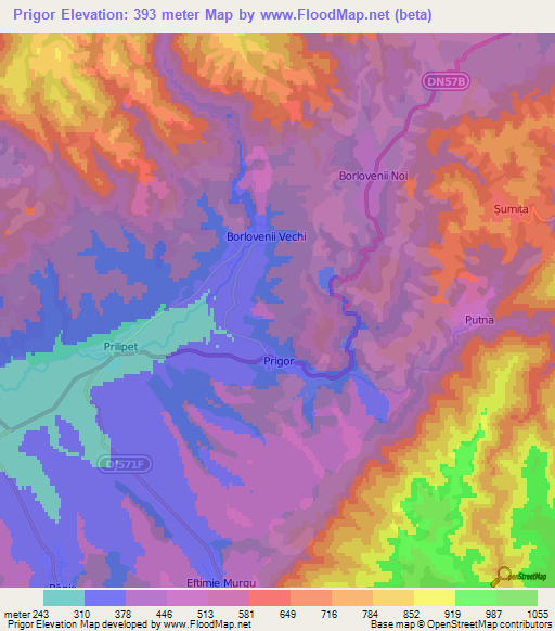 Prigor,Romania Elevation Map