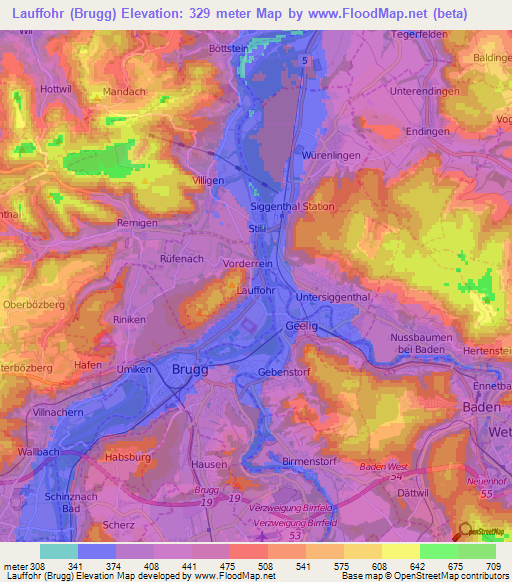 Lauffohr (Brugg),Switzerland Elevation Map