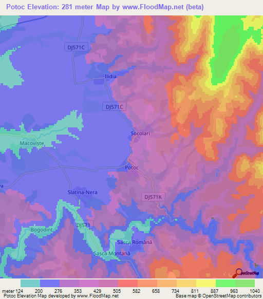 Potoc,Romania Elevation Map