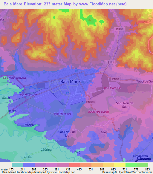 Baia Mare,Romania Elevation Map