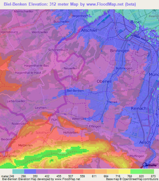 Biel-Benken,Switzerland Elevation Map